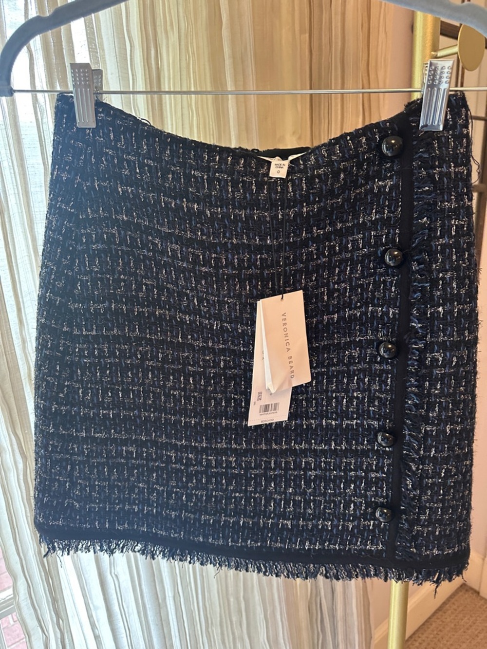 Veronica Beard Navy & White Tweed Button-Trim Mini Skirt